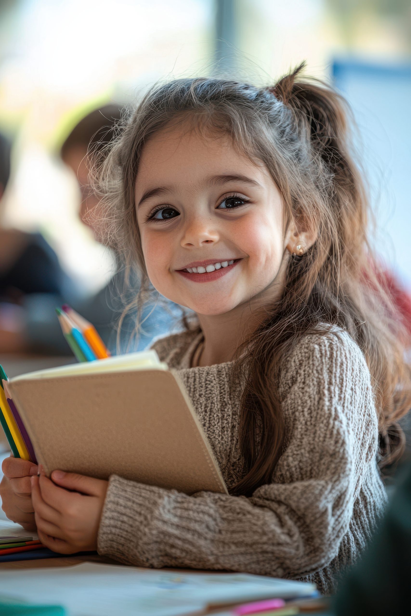 A happy little girl is sitting at her desk, smiling brightly, while holding colorful pencils in a cheerful classroom setting